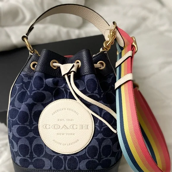 Coach Navy Blue Bucket Bag with Rainbow Strap - Picture 7 of 13